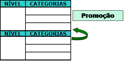 #paratodosverem tabela simbolizando níveis diferentes com categorias diferentes, e seta representando a progressão de uma categoria para outra de nível superior